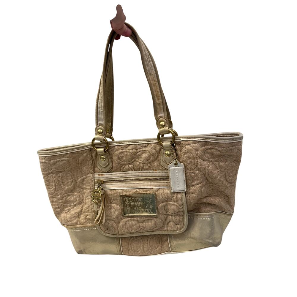 Coach Natural Signature Canvas & Metallic Gold Poppy Tote Bag GS